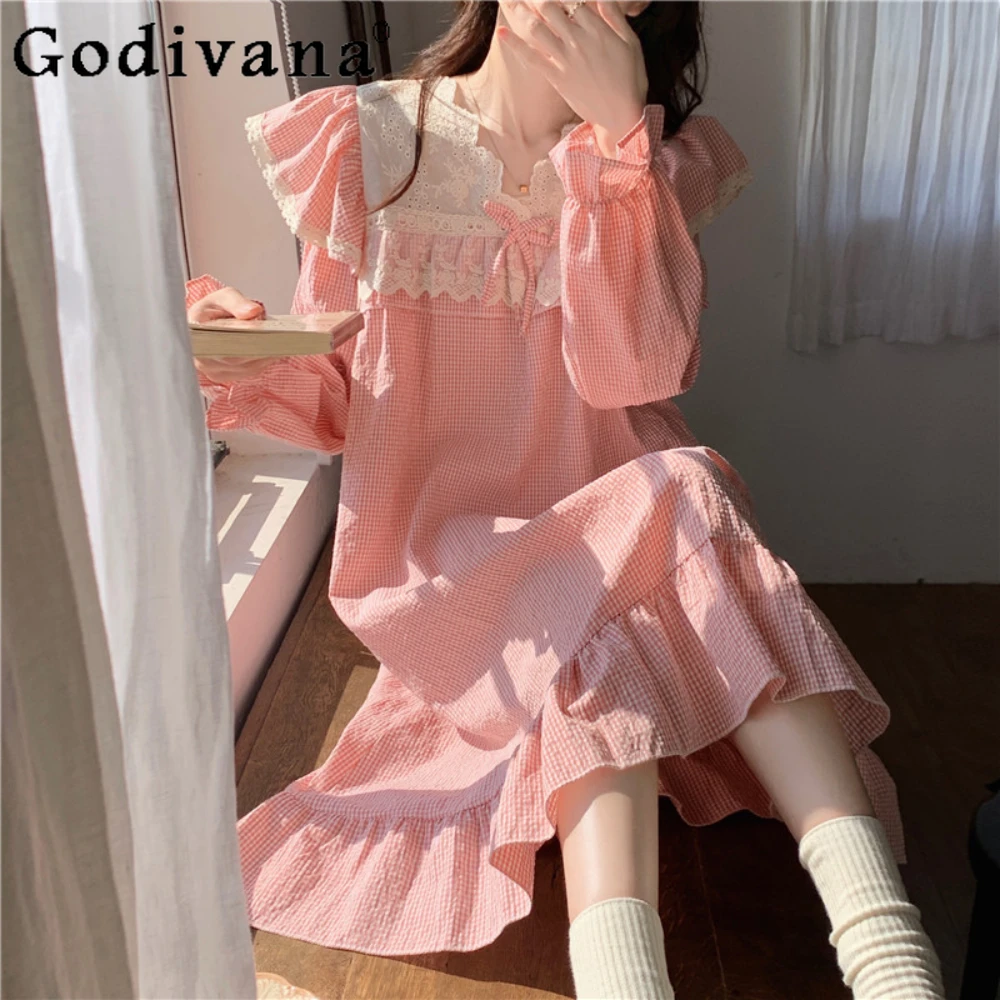 

Cute Pajamas Women's Sleepwear Lace Court Style Long Sleeve Nightdress Women's Spring Autumn Nightgown Outside Homewear