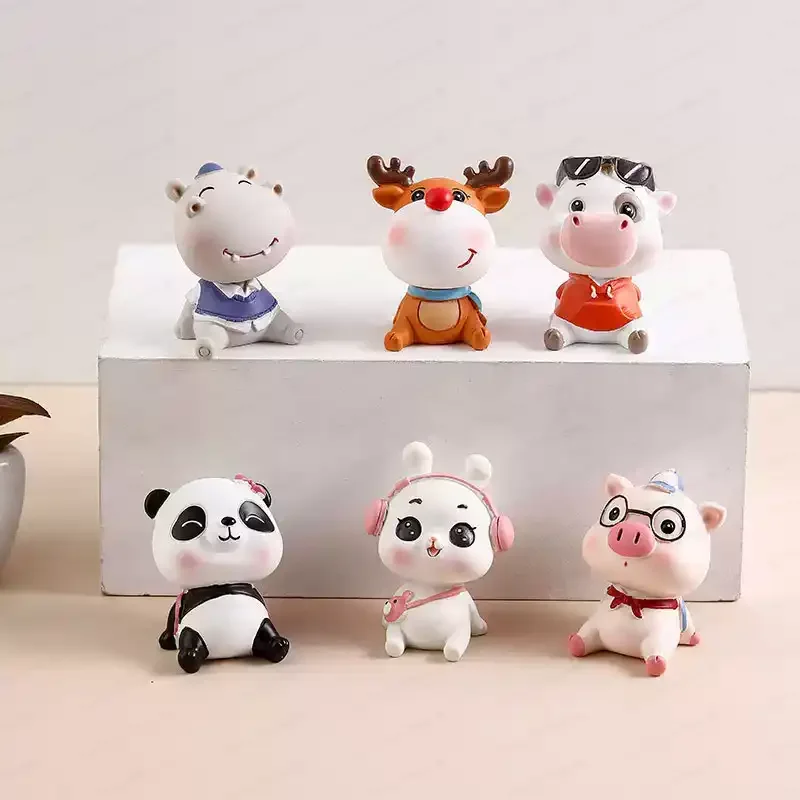 Stargazing Animal Figurines Set: Rabbit, Deer, Pig, Panda, Cow - Desktop Decor, Birthday Cake Topper & Car Toy Gift
