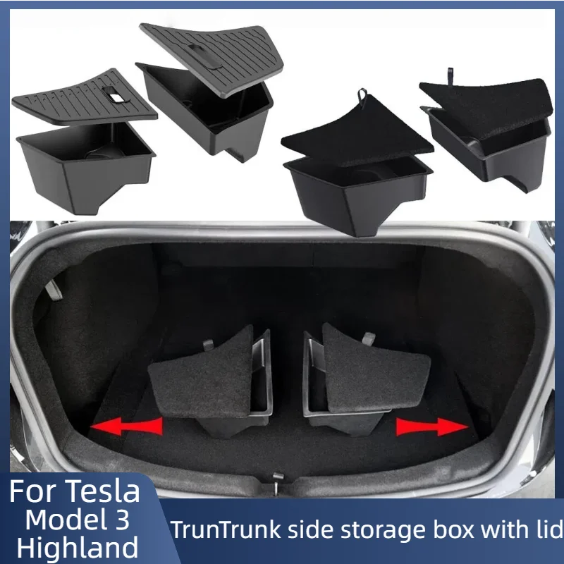 For Tesla Model 3 Highland Trunk Storage Bins Rear Trunk Organizer Waterproof Trunk Side Box with Carpeted TPE Lids Accessories