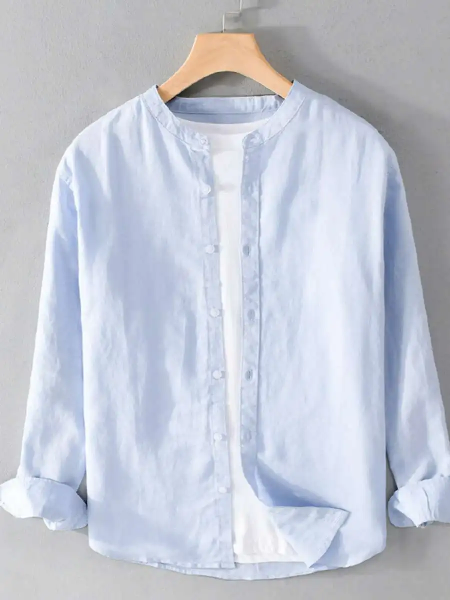 

Новая мужская хлопковая льняная длинная све irt винтажная круглая воротник-стойка Ne повседневная весенне-осенняя однотонная свободная повседневная одежда