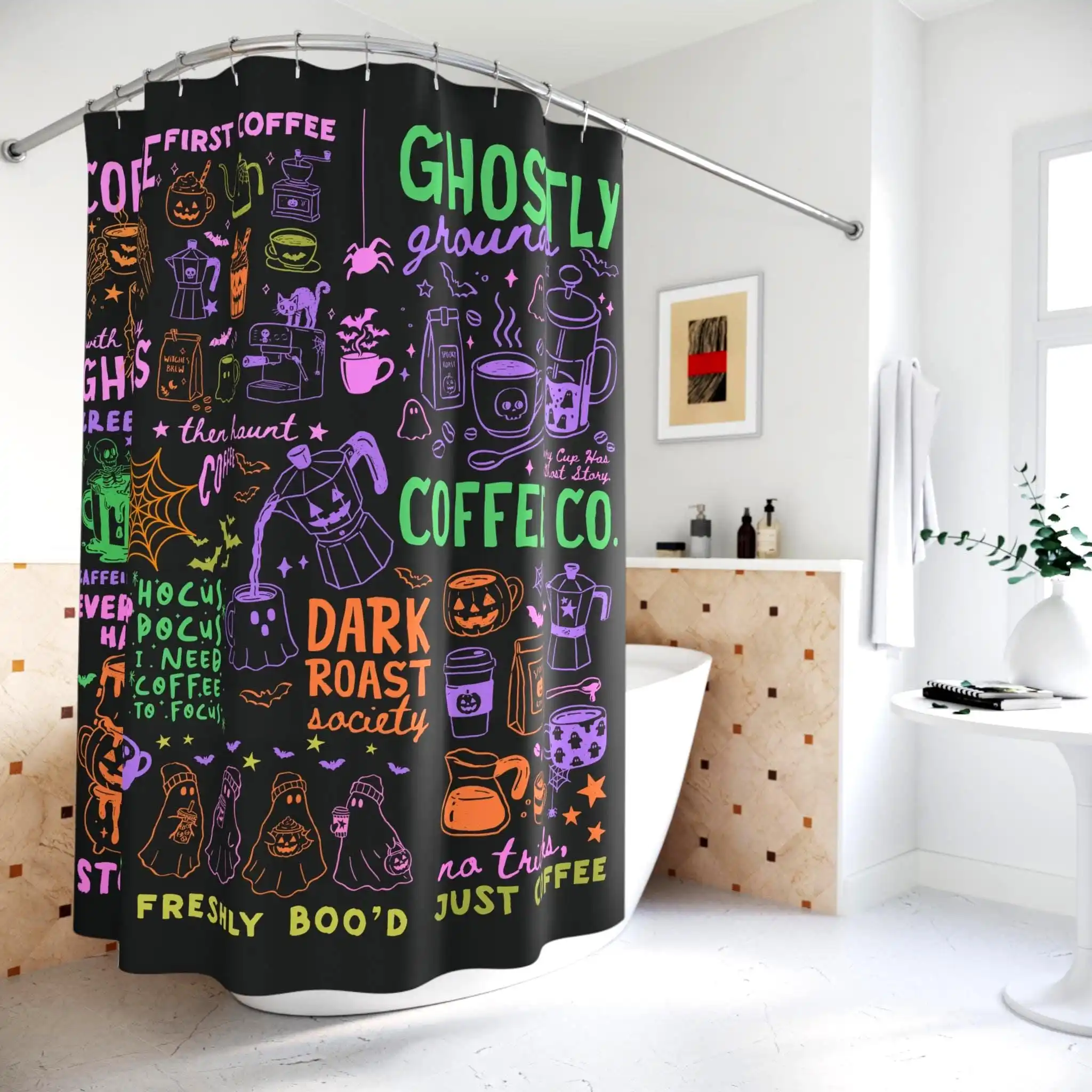 Funny Coffee Lover Shower Curtain Dark Roast Ghostly Caffeine Art Bathroom Decor Gift for Coffee Addict