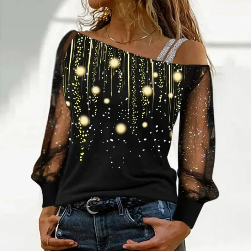 Sexy Womens T-shirt Shiny Solid Color Long Sleeves Fashion Mesh Splicing Sloping Shoulders Printed Tops Ladies Christmas Clothes