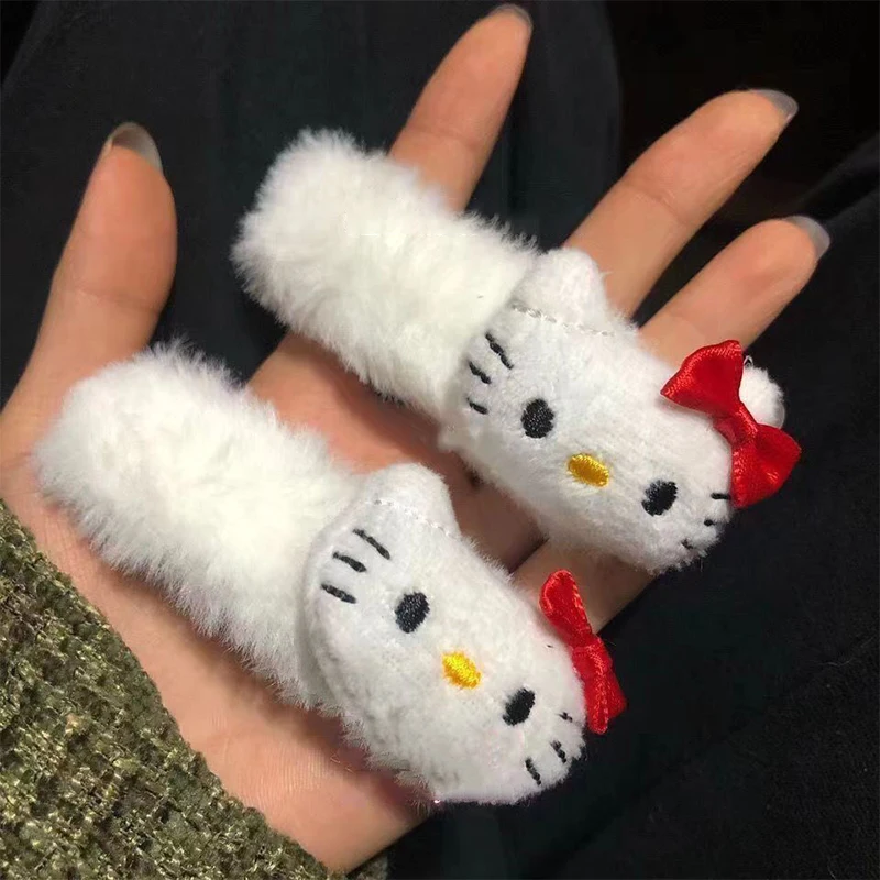 

1pcs Hello Kitty Hair Clip White Plush Cute Japanese Kawaii KTCat Autumn And Winter Girl BB Bangs Clip Birthday Christmas Gift