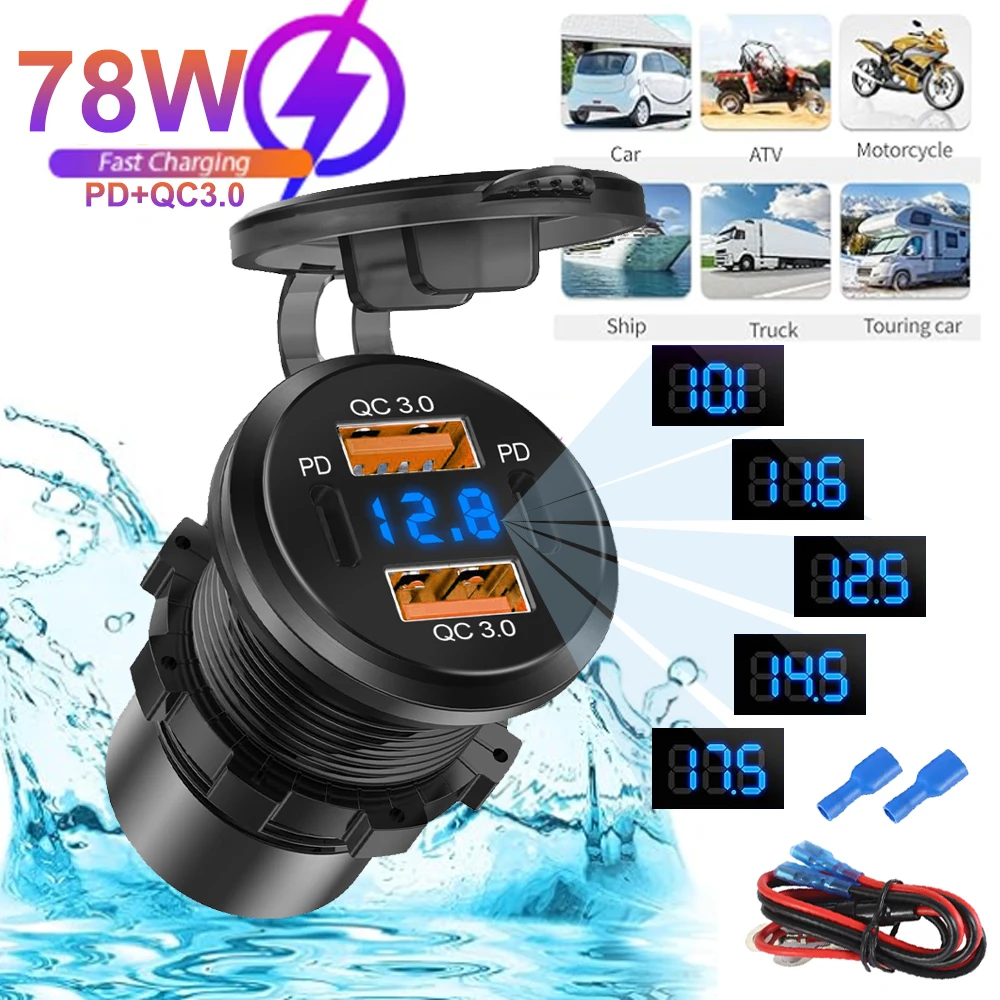 78W 12V-24V USB Outlet 4 Port Dual 30W PD & Dual Quick Charge QC3.0 Car Charger Socket with Voltmeter Car Boat Marine RV Type C