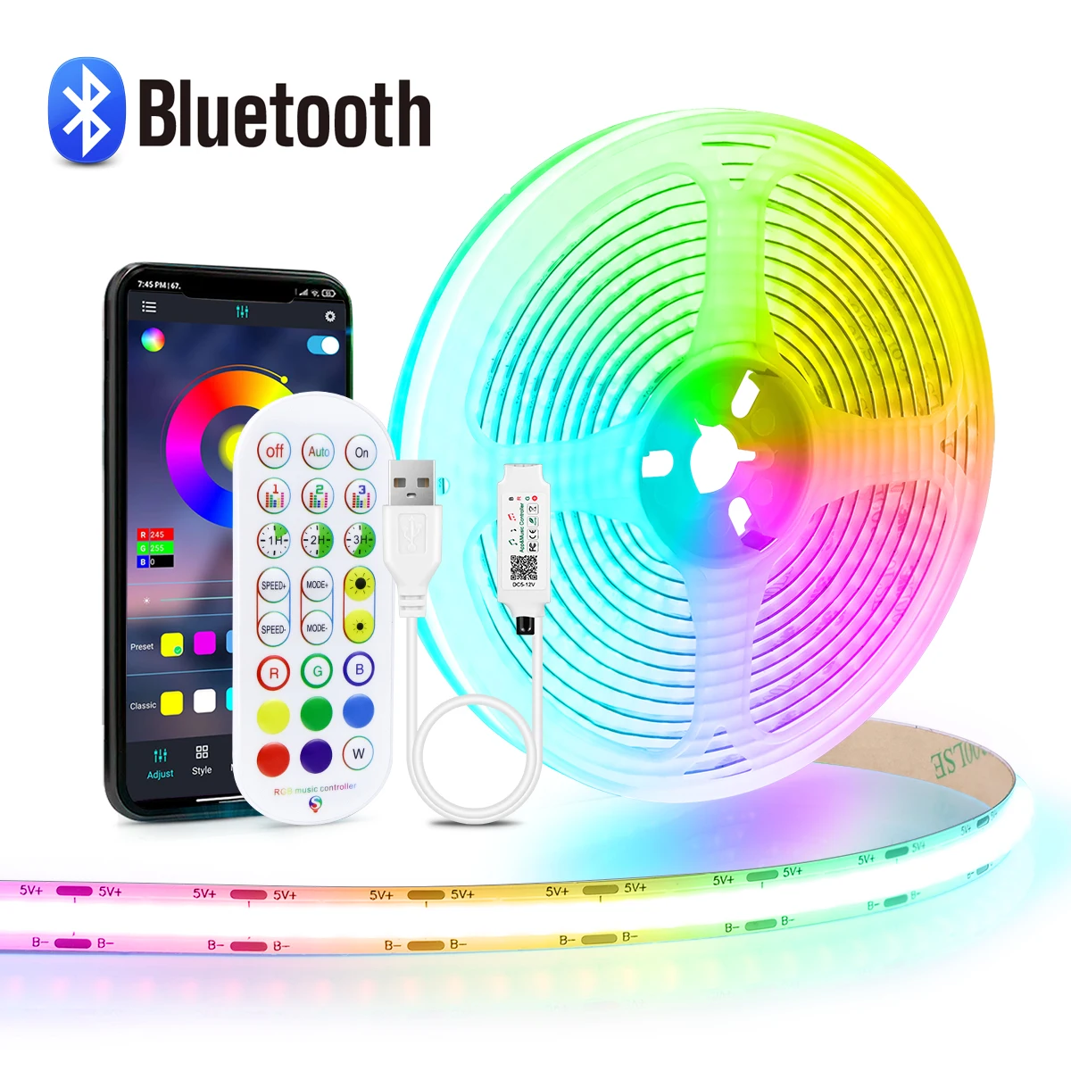 Rybakov Bluetooth RGB COB LED Streifen Licht 8MM 576LEDs/M 3