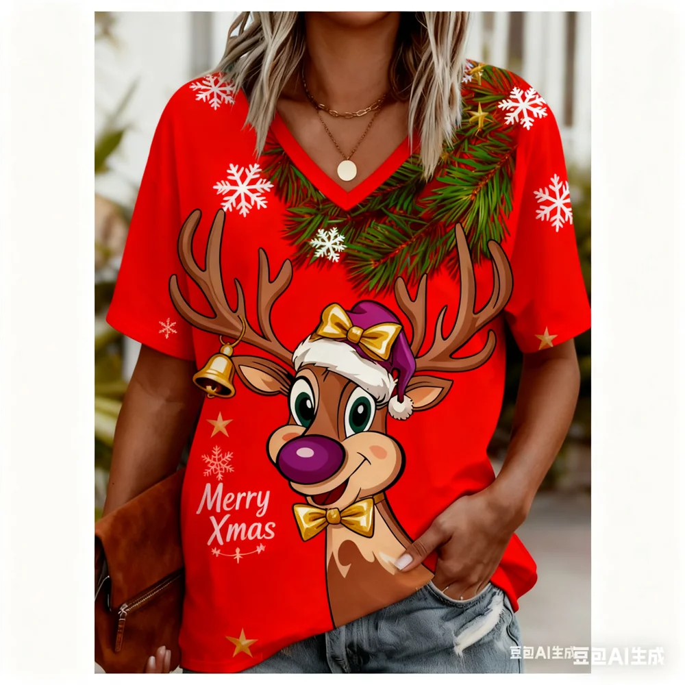 عيد الميلاد المرأة تي شيرت ثلاثية الأبعاد الأيائل نمط طباعة الخامس الرقبة الجرافيك تي شيرت سريعة الجافة عيد الميلاد قمم تي شيرت للمرأة y2k الملابس