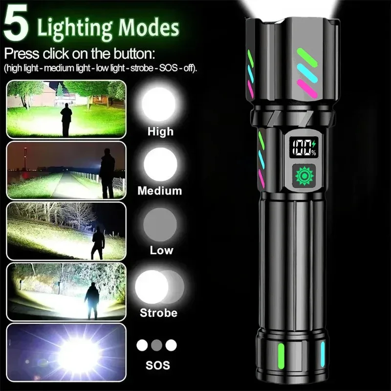 High Power LED Long Range Flashlight USB Rechargeable White Laser Zoomable Torch Light with Luminous Strips for Outdoor Camping
