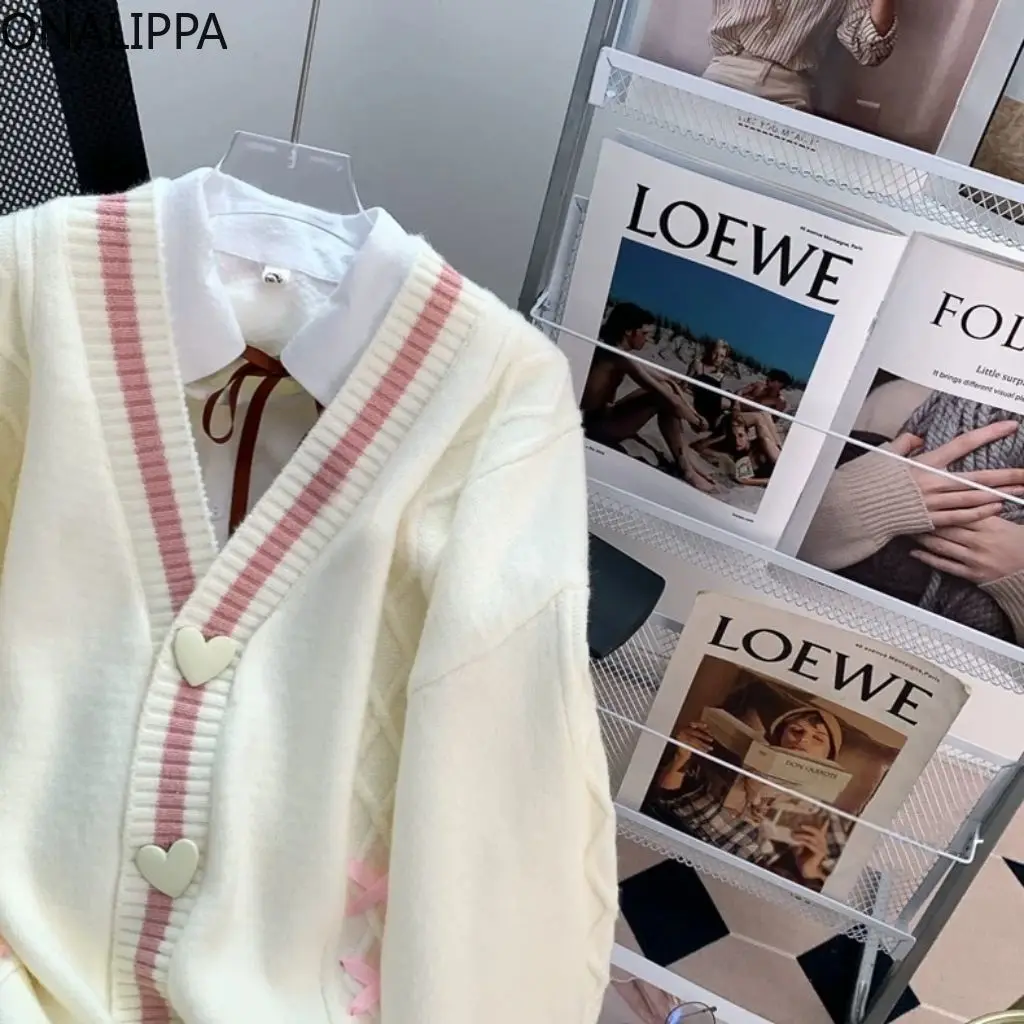 Onalippa Cardigan oversize dolce con coulisse Bottoni a forma di cuore a righe a contrasto Cardigan lavorato a maglia Maglione stile slouchy da donna