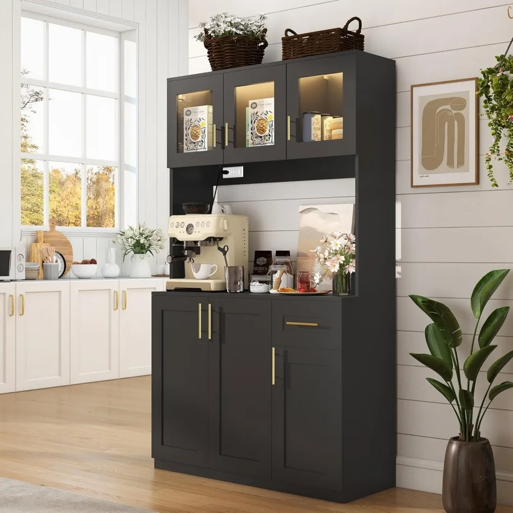 

Kitchen Hutch Storage Cabinet: 71 Tall Black Pantry Cabinet with Microwave Shelf, Shaker Style Food Storage Cabinets with Doors