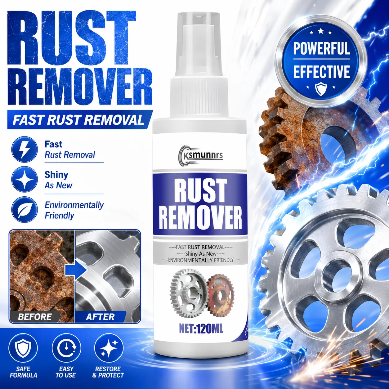 120ml Rust Remover Spray, Fast Rust Removal, Restore Metal Shine, Eco-friendly Safe Formula for Auto & Gear Parts