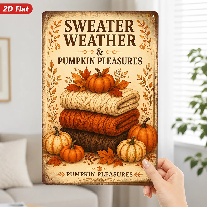 2D Flat, 1pc Metal Sign Wall Art, Sweater Weather Pumpkin Pleasures Home Decor, Fall - Themed, Stacked Sweaters & Pumpkins