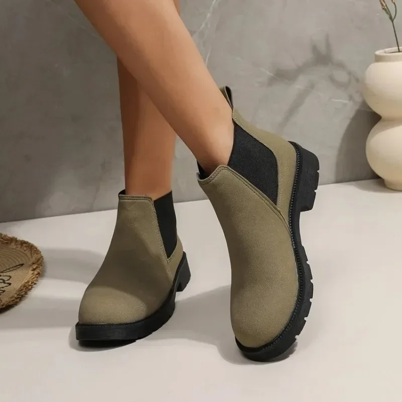 Women Botas Shoes Suede Ankle Boots Chelsea Black Boots Chunky Low Heel Female Autumn Fashion Platform Slip on Booties Mujer