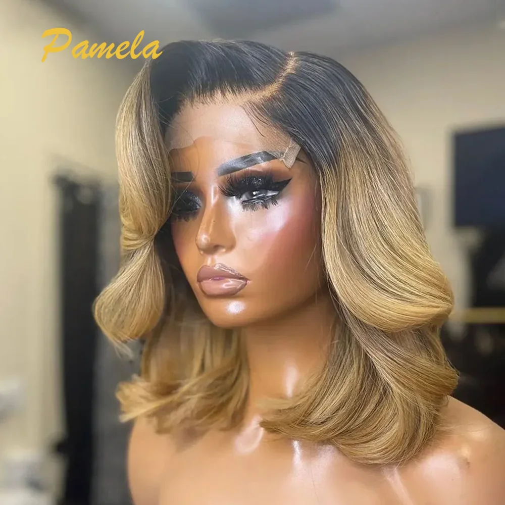 

Honey Blonde Short Bob 4x4 Transparent Lace Closure Human Hair Glueless Wig Ready To Go Ombre 1b/27 Colored Loose Deep Wave Wigs