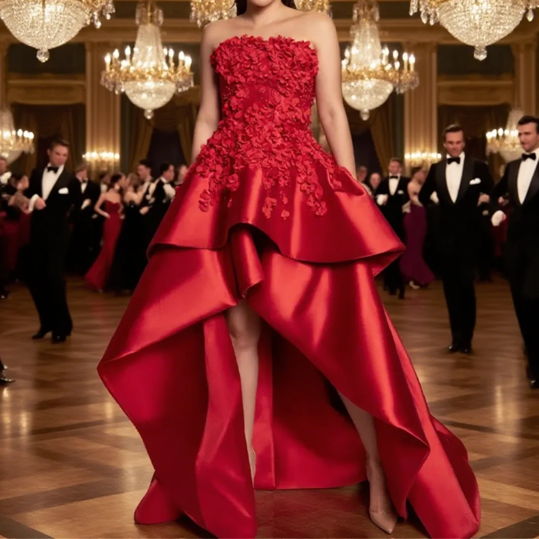 Elegant Evening Dresses Appliques Sleeveless High-Low Strapless Beads Birthday Party Prom Gowns Saudi Evening Dress Customized