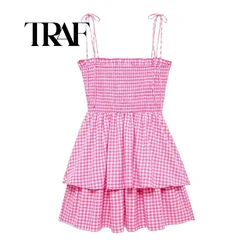 TRAF Plaid Print Sleeveless Dress Women All-match A-line Beach Dress Women Ulzzang Students Dress Vestidos