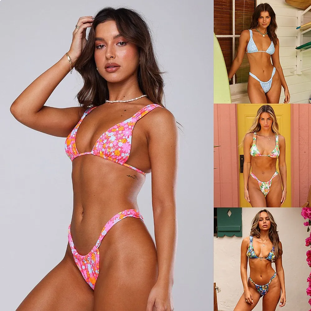 

2026 European American Split Tie Side Sexy Bikini Set Padded Swimwear For Women Summer Beach Pool Bathing Wear