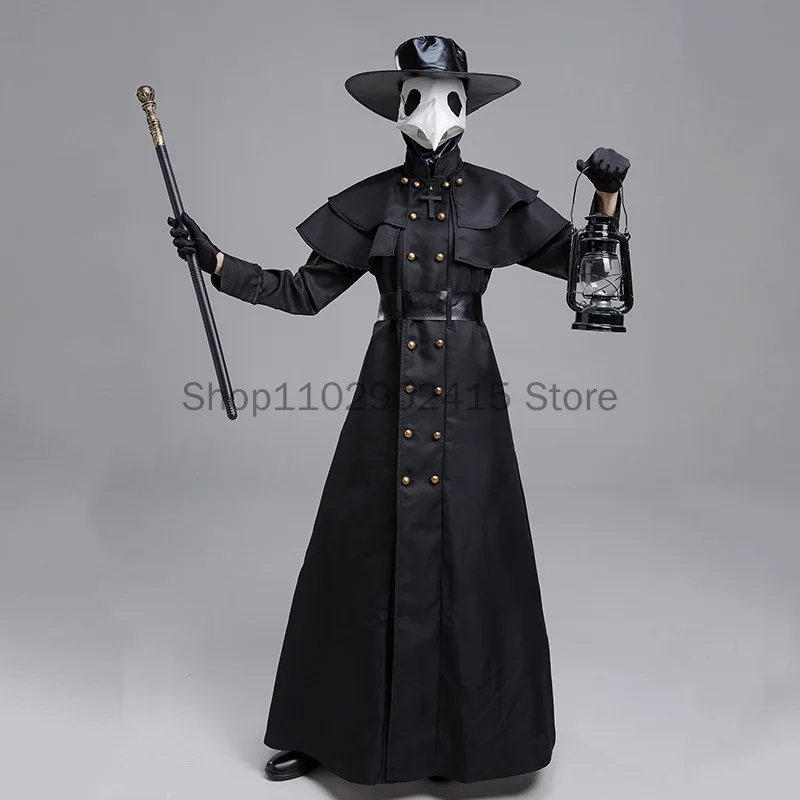 

Medieval Halloween Hooded Robe Plague Doctor Costume Mask Hat for Men Monk Cosplay Steampunk Priest Horror Wizard Cloak Cape 5XL