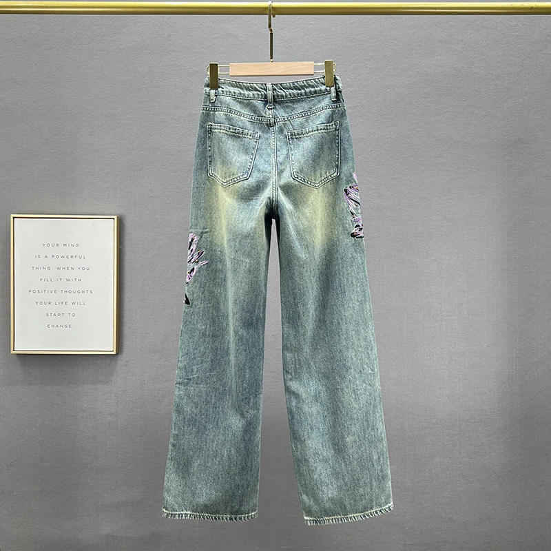 Women's Jeans High Waist Flowers Beading Pearls Sequins Straight Wide Leg Denim Trousers 2023 Spring Autumn New Fashion