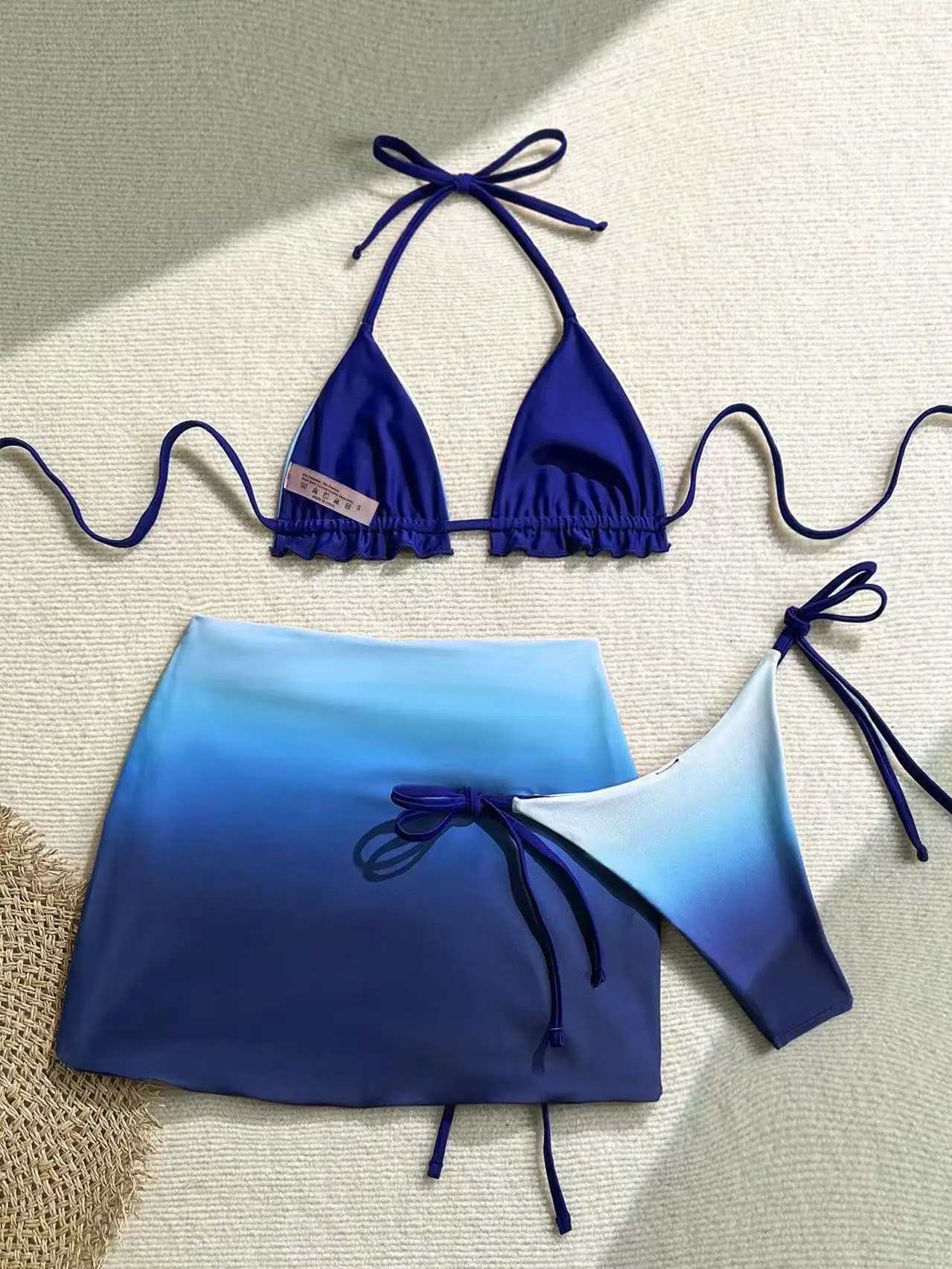 Blue Ombre 3 Piece Bikini Set Halter Neck Top High Waist Skirt & Bottom Beach Cover Up Dress Halter Open Back Skirt Sundress Set