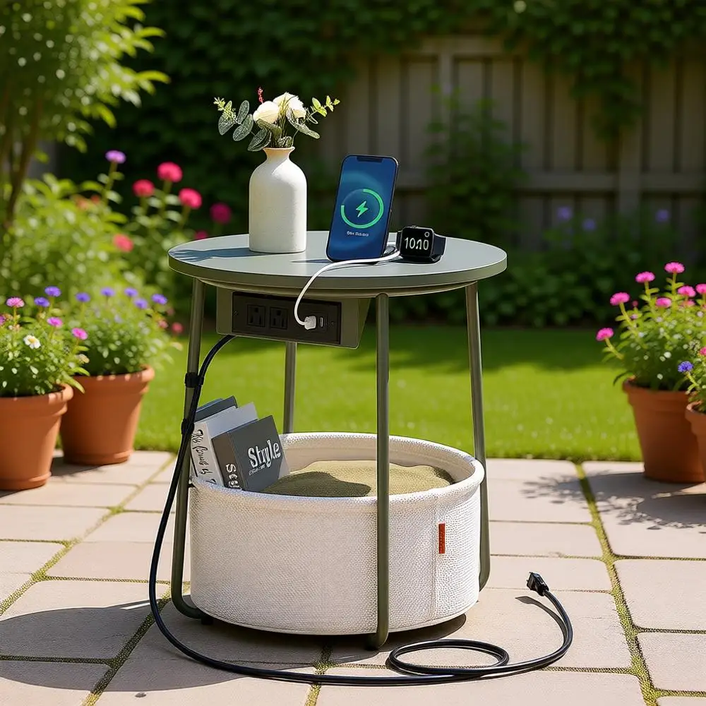 

Charging Station Side Table, Fabric Basket End Table, USB Nightstand, Green and Cream Living Room/Bedroom Furniture ULET228C04