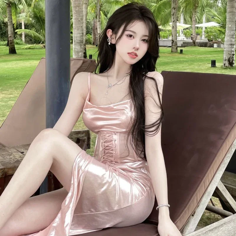 Xpqbb-ピンクのサテンのスパゲッティドレス,スパゲッティストラップ,セクシー,スリム,裸の肩,サイドスリット,マキシ,シックなイブニングドレス