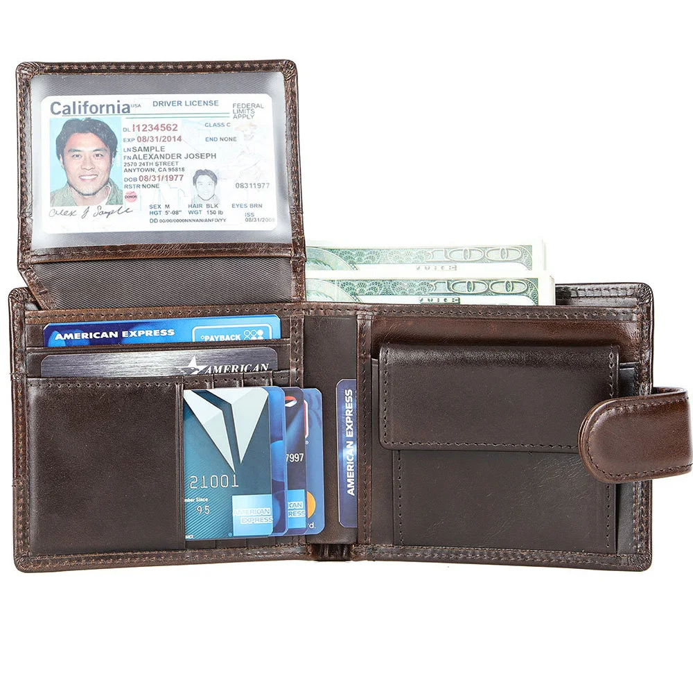 Top Hasp Leather Mens Wallet with Coin Pocket First Layer Cowhide Leather Wallet for Male