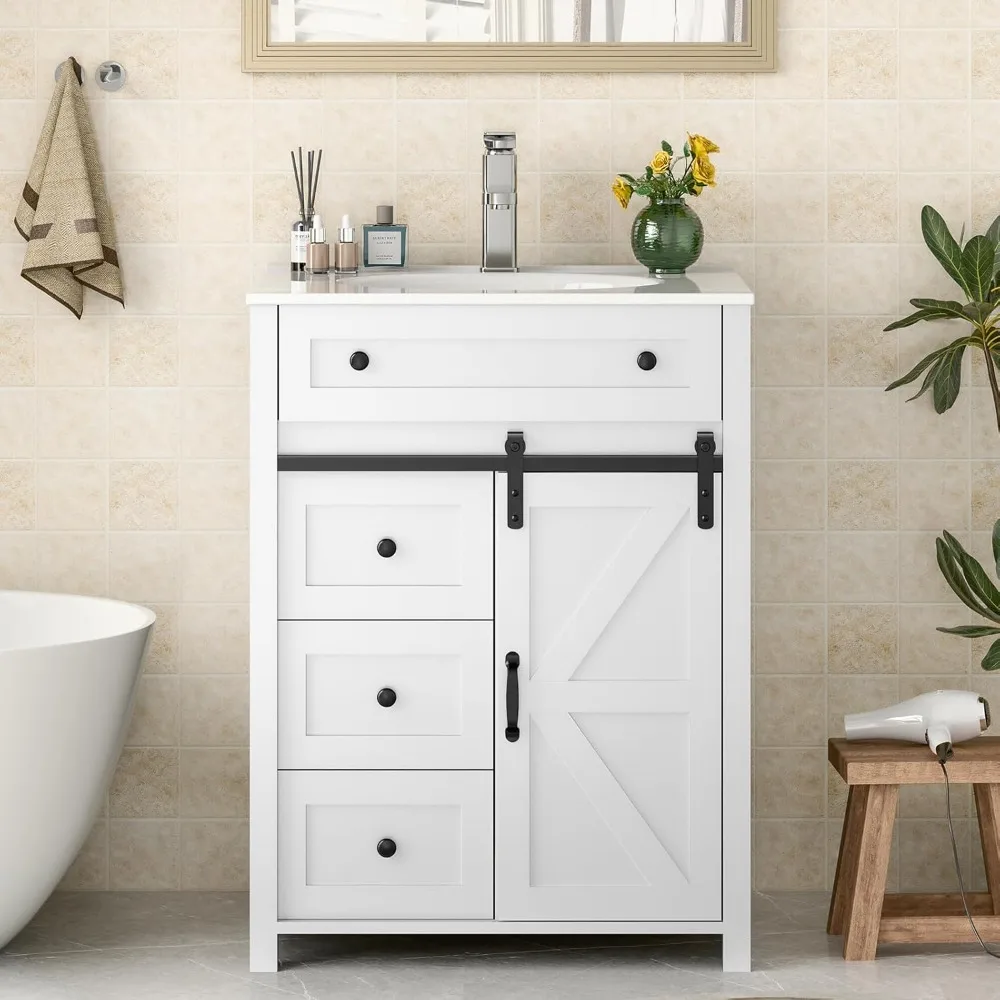 

Bathroom Vanity with Sink Faucet Combo, Bathroom Storage Cabinet with 4 Drawers Sliding Door Freestanding, Matte Silver Faucet