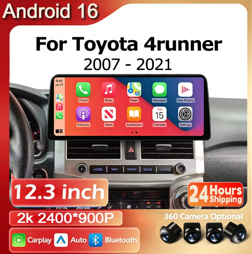Android 16 Bluetooth 12.3 inch For Toyota 4runner 2007-2021 Car Radio Multimedia Video Player Navigation GPS Auto Carplay WIFI