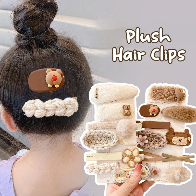 9Pcs/set Cute Plush Hair Clips Suit Bear One-word Clip Hairpin Duckbill Clip Side Clip Bangs Clip Issue Card Hair Accessories