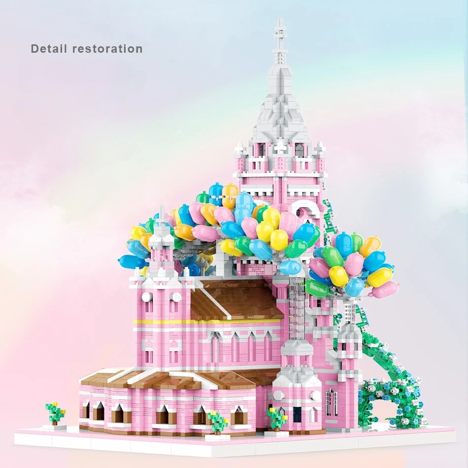 

MOC Pretty Pink Balloon Church Architecture Building Blocks Set Ice And Snow Princess's House Hut Toy For Children Birthday Gift