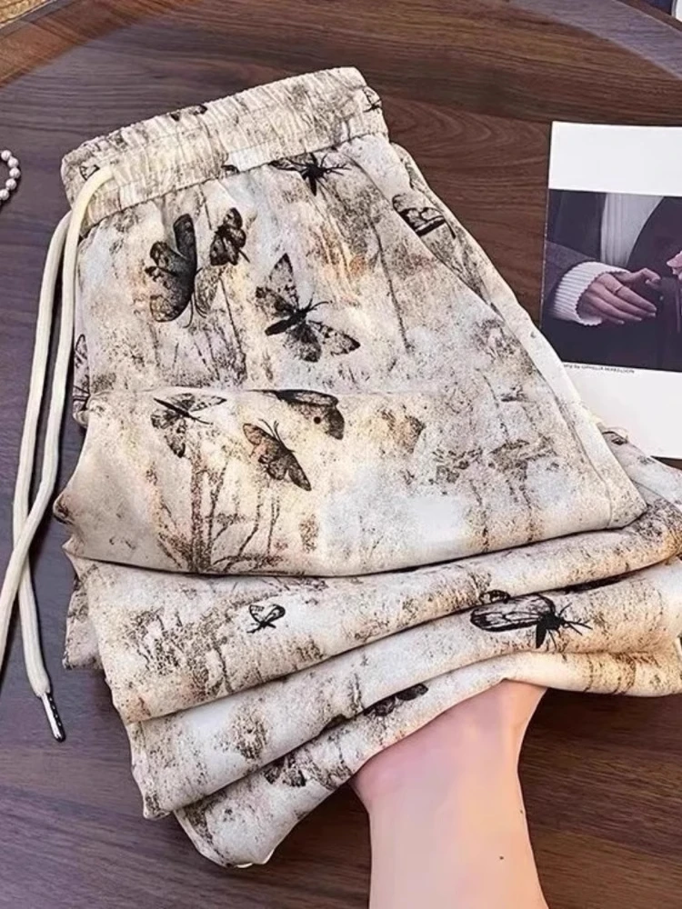 

Летние винтажные широкие брюки с чернильным принтом, свободные тонкие женские брюки с высокой талией, повседневные брюки прямого кроя