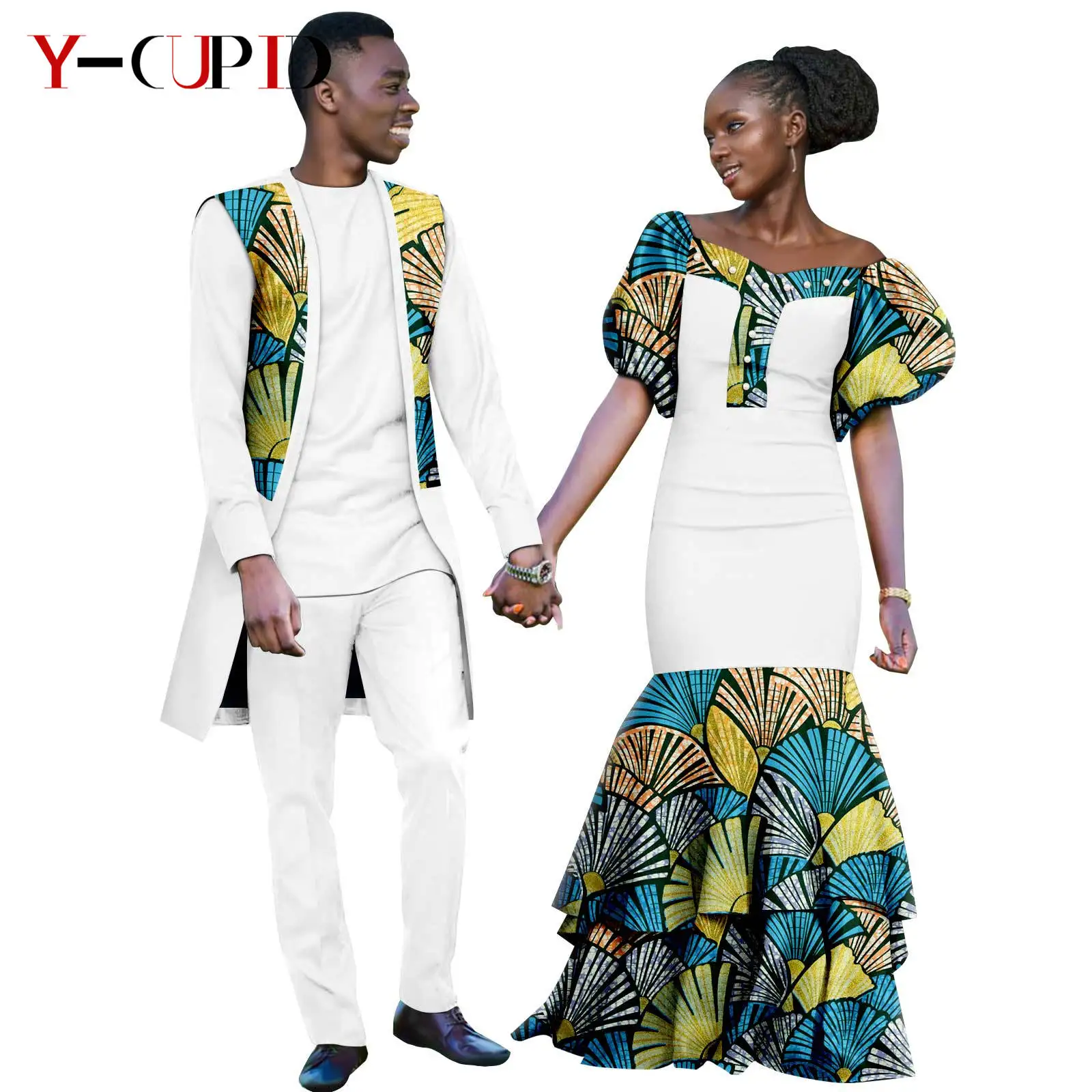 African Print Ruffles Dresses for Women Matching Couple Clothes Men Outfits Vest Top and Pant 3 Pieces Sets Dashiki Party 24C089