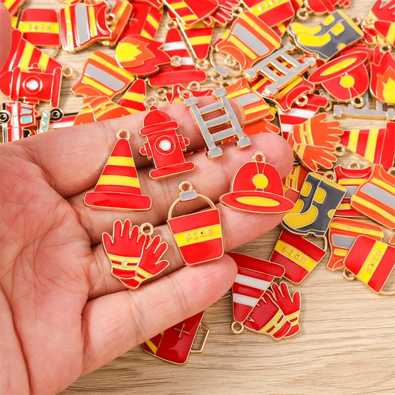10pcs Mix Enamel Fire Theme Firefighting Tools Charms Pendants for Jewelry Making Drop Earrings Necklaces DIY Crafts Accessories