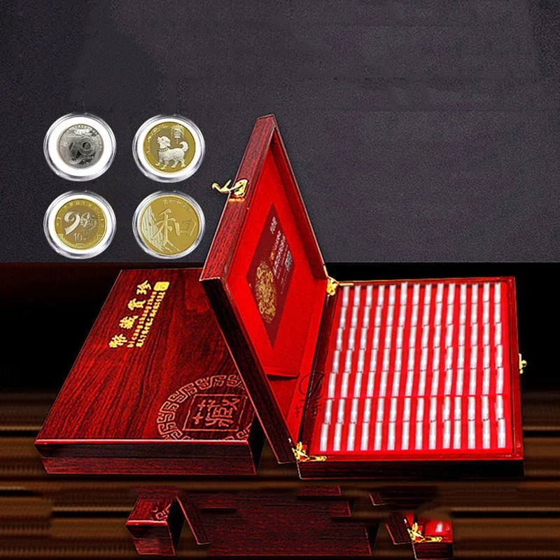 100-Slot Red Wooden Coin Storage Box Coin Capsules Universal Coins Case with Lock Plastic Storage Holder Coin Display Container