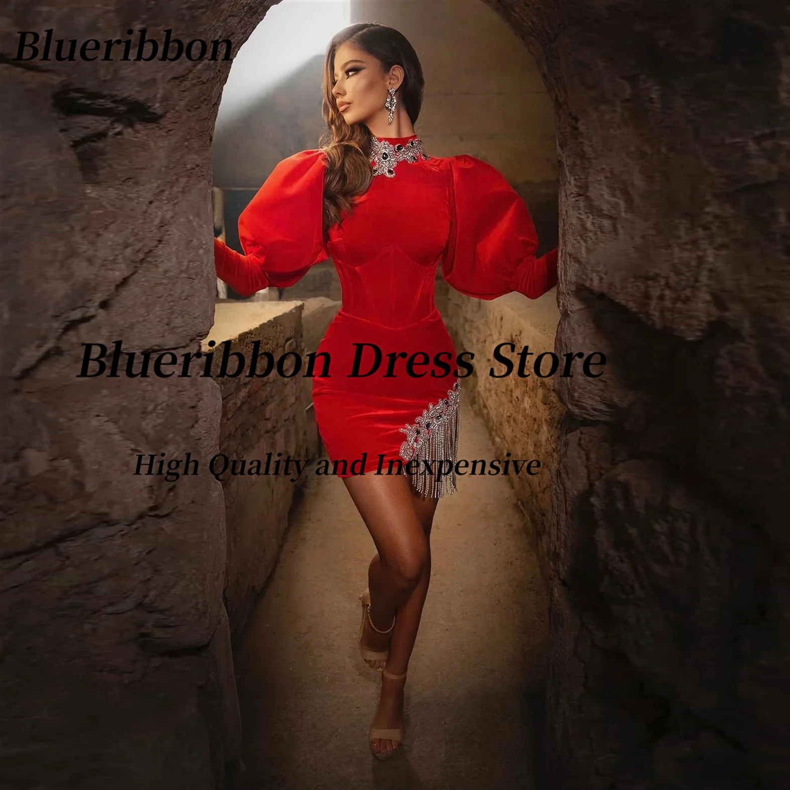 

Blueribbon High Collar Prom Dresses Long Sleeves Special Occasion Dress Beading Tassels Mini Cocktail Party Gowns Customized
