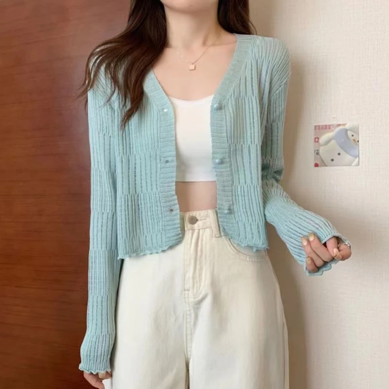 V-neck Knitted Cardigan Women\'s Autumn and Winter New Women\'s Short Long-sleeved Small Coat Solid Color Slim Top for Women