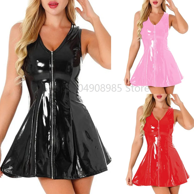 

European Women's Mini Dress Sexy Pu Zip-up Vest A- line Party Gown Sleeveless Nightclub Disco Formal Prom Gown
