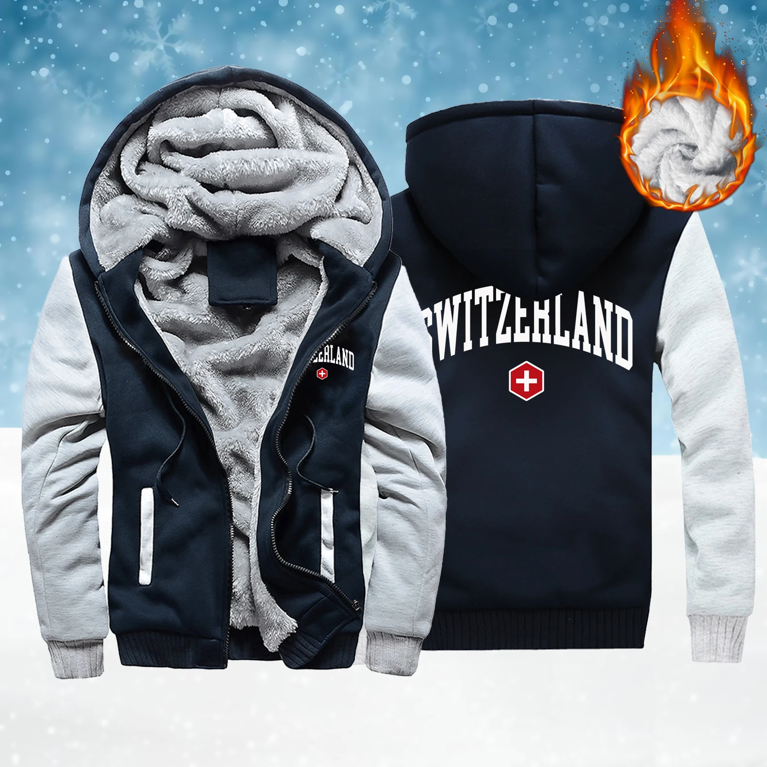 

Switzerland Cross Print Male Zipper Pocket Coat Fashion Thicken Top High Quality Vintage Hoodies Winter Casual Clothes Unisex