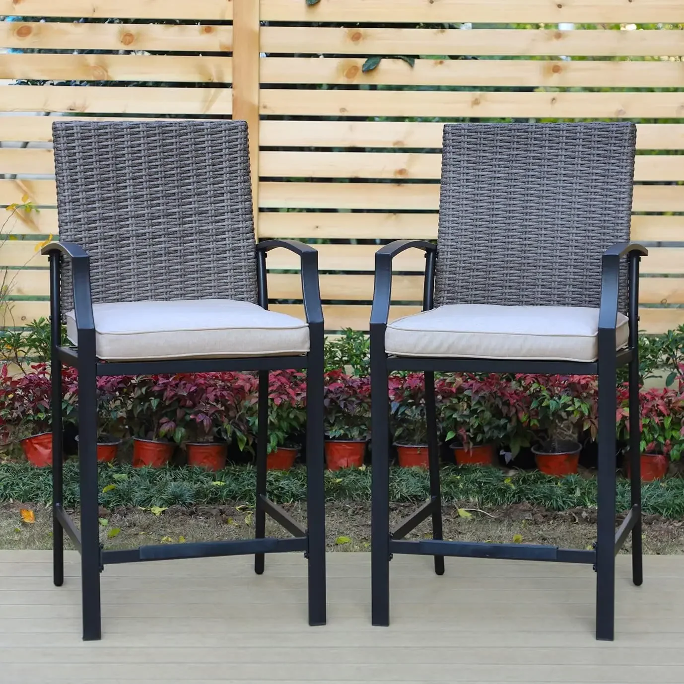 

Outdoor Patio Bar Stools with Brown Wicker Backrest & Metal Frame, All Weather Bar Height Rattan Patio Chairs with Armrest