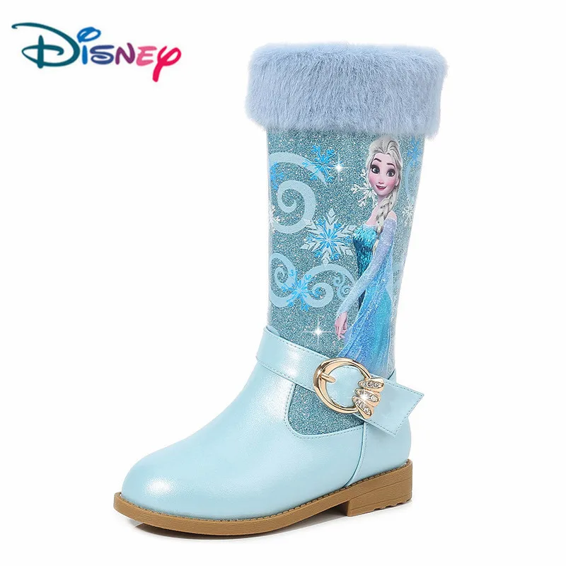 Disney Princess Elsa High Knee-length Boots Girls High-heeled Autumn Winter Warm Children Sequins Snow Shoes Frozen Boots