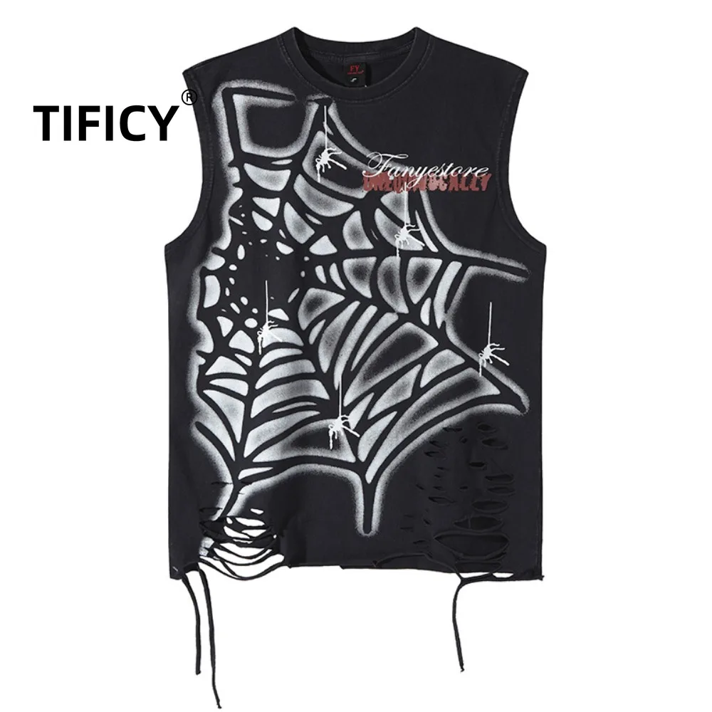

High Street Cotton Washed Spider Web Print Hem Tattered Design Sleeveless Tees Tops Men's Street Summer Casual Camisole Tshirts
