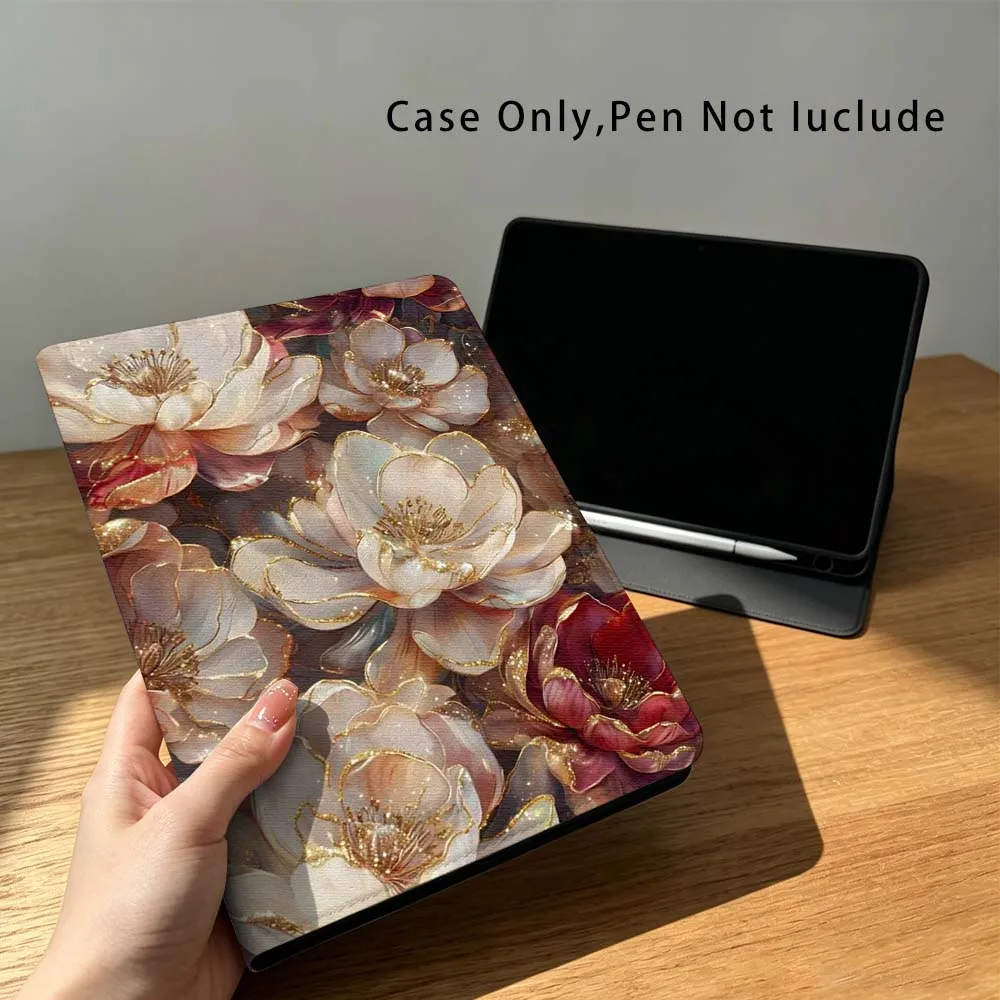 Golden Beige Red Flowers For Xiaomi Poco Redmi Pad 8 2 4 5 6 6S 7 7S SE Pro 14 11 11.2 12.1 12.5 Inch Tablet Case Fashion