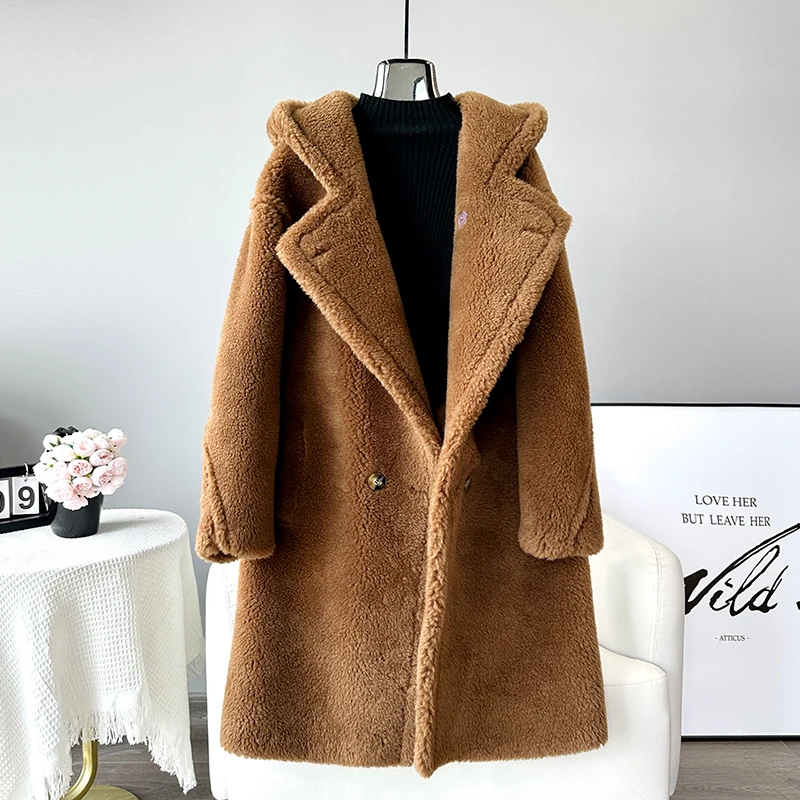 Women Real Wool Warm Teddy Fashion Coat Female Sheep Shearling Winter Long Hooded Jacket Parka JT3399