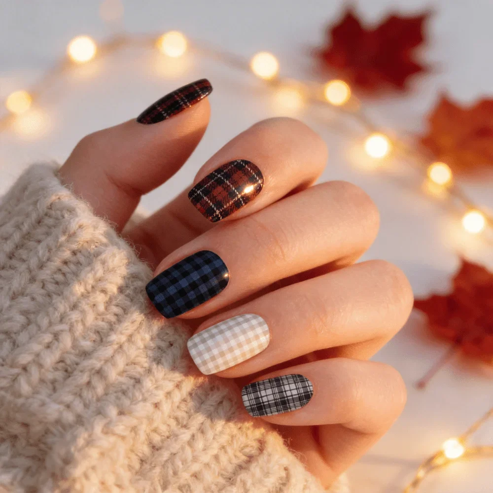 24pcs Medium Square Classic Plaid Pattern Press on Nails, Elegant Tartan Checkered Fake Nails, Reusable Stick on False Nails with Jelly Gel, UV Printed Super Value Pack for Daily Office Look