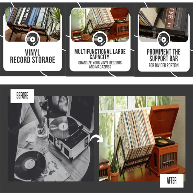 AA60-Easy Assembly Record Storage Racks-Vinyl Record Holder Stand 100Lps  Sleek Matte Black LP Holder Design