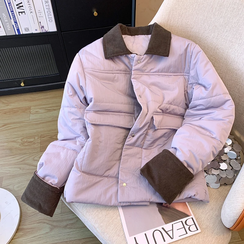 

ort Thiened Cotton Jaet Collar Stand up Design Splicing Winter New Arrival Women's Faion Pure Color Long Sve Coat