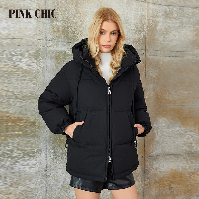 PINK CHIC 2023  New Winter Coat Women Down Jackets Fashion Classic Warm Lace up Hooded short version Parka Female W8271