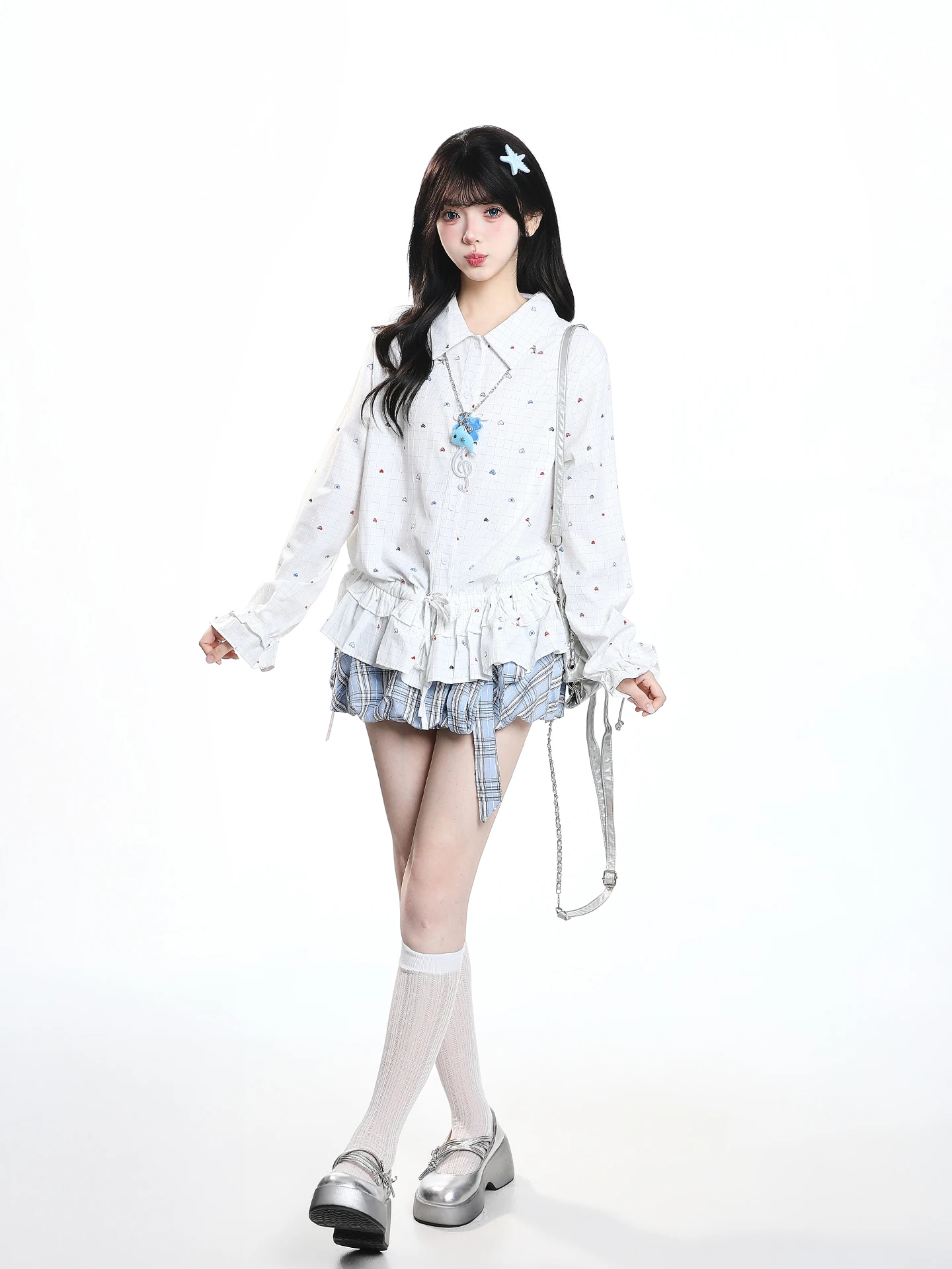 Sweet Style Plaid Long Sleeve Shirt Women's Autumn Korean Loose Hemline Age-Defying Top College Style Bow-Tie Collar Casual S...