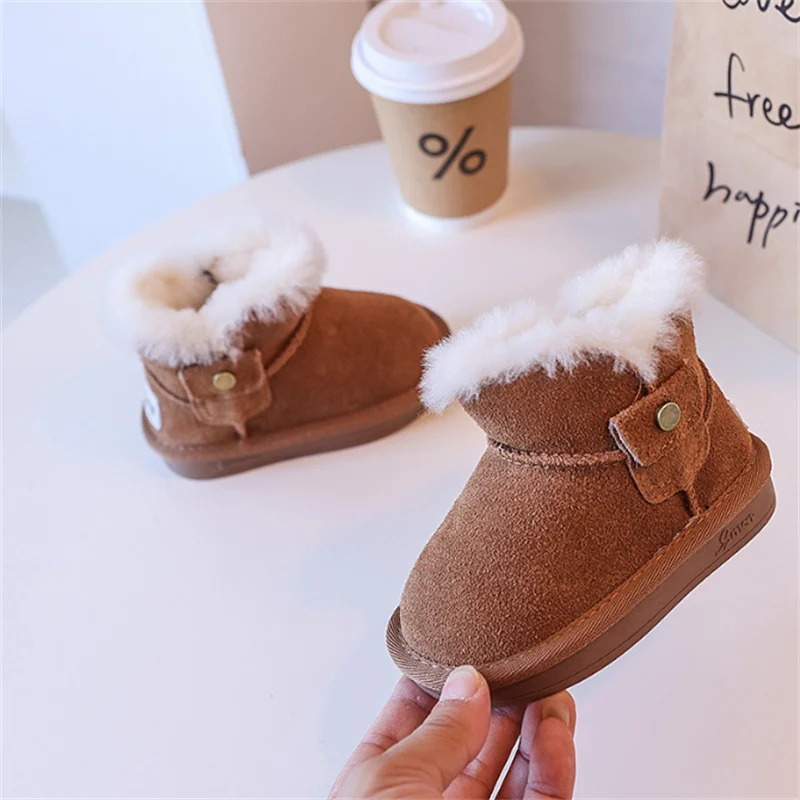 Genuine Leather 2024 Winter Children Snow Boots Soft Sole Warm Plush Pocket Design Zip Side Kid Shoes Fashion Toddler Girls Boot