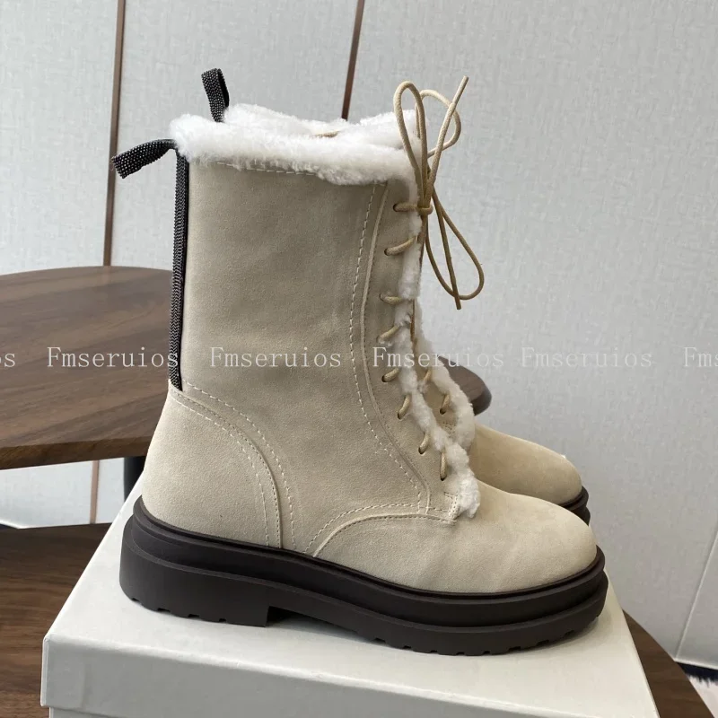 Fashion Women Mid Calf Boots Round Toe Thick Sole Top Quality Boots Zipper Genuine Leather Plush Warm Concise Short Boots Winter